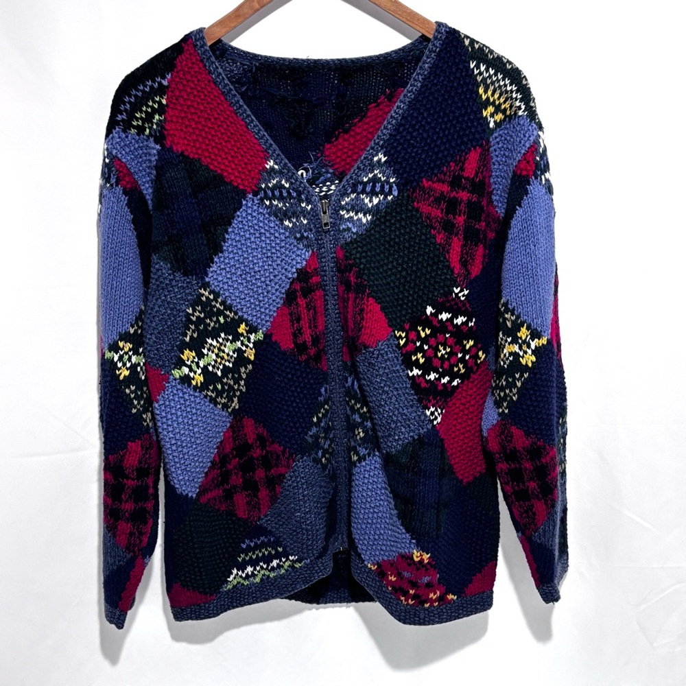 Vintage Patchwork Argyle Christmas Sweater Cardigan Knit Plaid Susan Bristol